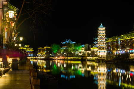 Feng Huang at night, the most famous ancient town in Hunan province, China.の写真素材
