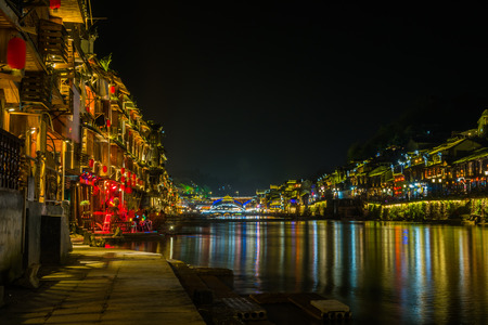 Feng Huang at night, the most famous ancient town in Hunan province, China.の写真素材