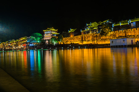 Feng Huang at night, the most famous ancient town in Hunan province, China.の写真素材