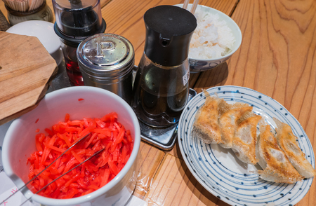 FUKUOKA, JAPAN - SEPTEMBER 26, 2014: Seasoning for Ramen on the table in the Ramen  restaurant in Hakata, Fukuoka, Japan.のeditorial素材