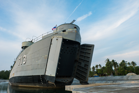 The Royal Thai Navy vessel 713 sitting on land in Thong Sala on Koh Phangan, Suratthani, Thailandのeditorial素材