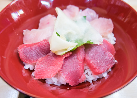 Japanese food- Salmon and negitoro tuna, sashimi raw fish seafood rice bowl, sashimi on rice, donburiの写真素材