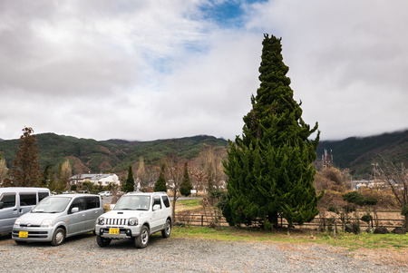 Kawaguchiko, Japan -December 3, 2015: Parking around kawagichiko lake, Yamanashi, Japan. Lake Kawaguchi is part of Fuji Five Lakes in Fuji-Hakone-Izu National Parkのeditorial素材