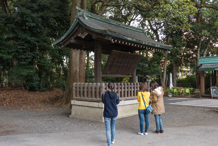 Tokyo, Japan - November 30, 2015: Several tourists visiting the centre of a famous shrine in Tokyo, Japan.のeditorial素材