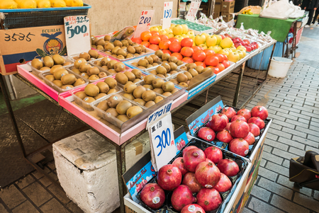 TOKYO JAPAN - DECEMBER 4, 2015: Fresh fruits on Ueno street. Ueno is best known as the home of Ueno Park and the Tokyo National museum.のeditorial素材