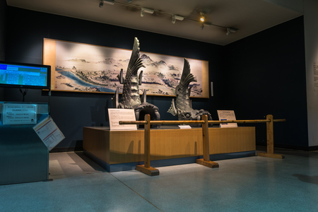 KUMAMOTO, JAPAN - SEPTEMBER 27, 2014: Inside Kumamoto castle showing history about the castle. Kumamoto Castle is a hilltop Japanese castle located in ChÅ«Å-ku, Kumamoto in Kumamoto Prefecture. It was a large and extremely well fortified castle. The castのeditorial素材