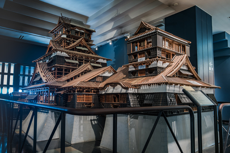 KUMAMOTO, JAPAN - SEPTEMBER 27, 2014: Inside Kumamoto castle showing history about the castle. Kumamoto Castle is a hilltop Japanese castle located in ChÅ«Å-ku, Kumamoto in Kumamoto Prefecture. It was a large and extremely well fortified castle. The castのeditorial素材