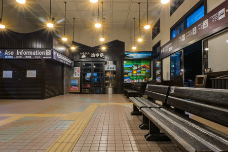 KUMAMOTO, JAPAN - SEPTEMBER 27, 2014: Interior of Aso train station at night in Kumamoto, Japan.のeditorial素材