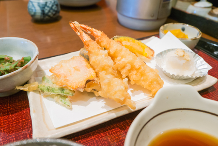 Japanese Cuisine - Set of Tempura Shrimps (Deep Fried Shrimps) with sauce and side saladの写真素材