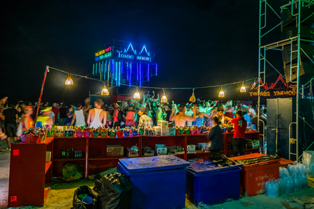 Koh Phangan, Thailand - October 8, 2014: The Full moon party at Haad Rin, Koh Phangan, Thailand. The Full Moon Party is an all-night beach party that originated in Haad Rin on the island of Ko Pha Ngan, Thailand on the night of, before or after every fullのeditorial素材