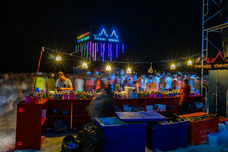 Koh Phangan, Thailand - October 8, 2014: The Full moon party at Haad Rin, Koh Phangan, Thailand. The Full Moon Party is an all-night beach party that originated in Haad Rin on the island of Ko Pha Ngan, Thailand on the night of, before or after every fullのeditorial素材
