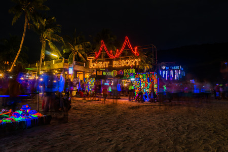 Koh Phangan, Thailand - October 8, 2014: The Full moon party at Haad Rin, Koh Phangan, Thailand. The Full Moon Party is an all-night beach party that originated in Haad Rin on the island of Ko Pha Ngan, Thailand on the night of, before or after every fullのeditorial素材