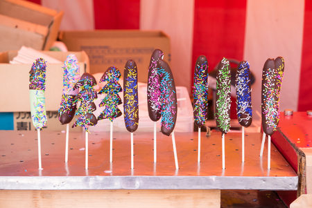 Banana coated with chocolate at the Hirosaki Castle Park in Hirosaki, Aomori, Japanのeditorial素材