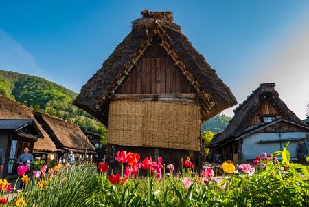 Shirakawa-go, Japan - May 2, 2016: Several traditional gassho-zukuri houses in Shirakawa-go. Shirakawa-go is one of Japan's UNESCO World Heritage Sites located in Gifu Prefecture, Japan.のeditorial素材