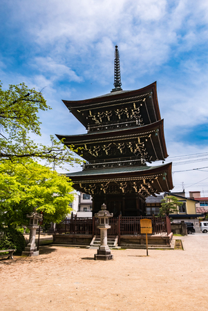 Takayama, Japan - May 2, 2016: Three story pagoda at Hida Kokubunji Temple, Takayama, Japan. The Hida Kokubunji Temple was constructed in 746 by Emperor Shomu to pray for the nation's peace and prosperity.のeditorial素材