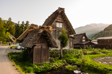 Shirakawa-go, Japan - May 2, 2016: Several traditional gassho-zukuri houses in Shirakawa-go. Shirakawa-go is one of Japan's UNESCO World Heritage Sites located in Gifu Prefecture, Japan.のeditorial素材