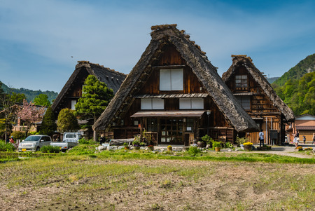Shirakawa-go, Japan - May 2, 2016: Several traditional gassho-zukuri houses in Shirakawa-go. Shirakawa-go is one of Japan's UNESCO World Heritage Sites located in Gifu Prefecture, Japan.のeditorial素材