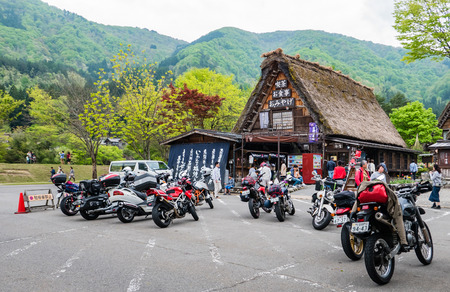 Shirakawa-go, Japan - May 3, 2016: Tourists visiting Shirakawa-go. Shirakawa-go is one of Japan's UNESCO World Heritage Sites located in Gifu Prefecture, Japan.のeditorial素材