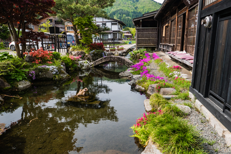 Shirakawa-go, Japan - May 3, 2016: Beautiful garden in Historical village of Shirakawa-go. Shirakawa-go is one of Japan's UNESCO World Heritage Sites located in Gifu Prefecture, Japan.のeditorial素材