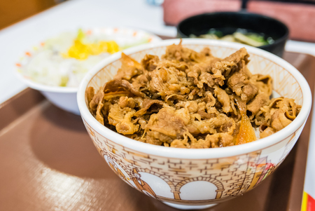 Buta-don, Japanese style Fried Pork with sweet sauce on top of rice bowl serve with soup and saladの写真素材