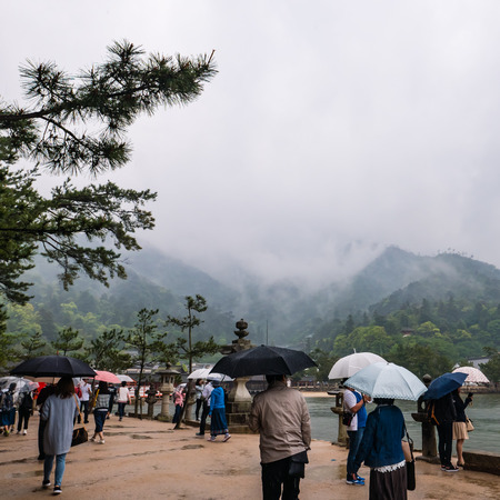 Miyajima, Japan - May 6, 2016: Tourist visit town of Itsukushima floating Torii Gate in Miyajima. Miyajima island is a famous island shrine-town is a UNESCO World Heritage Site and a major tourism destination.のeditorial素材