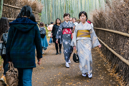 Kyoto, Japan - May 7, 2016: Tourist visiting bamboo forest of Arashiyama, Kyoto, Japan. Arashiyama is a district on the western outskirts of Kyotoのeditorial素材
