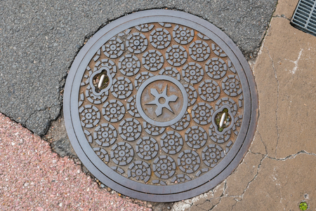 Kyoto, Japan - May 7, 2016: Manhole cover near Bamboo forest of Arashiyama, Kyoto, Japan. Arashiyama is a district on the western outskirts of Kyotoのeditorial素材