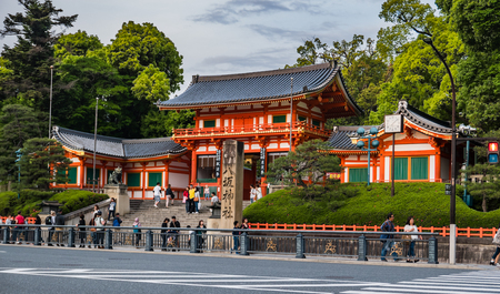 Kyoto, Japan - May 7, 2016: The Front Gate of Yasaka-jinja Shrine in Kyoto. Yasaka-jinja Shrine is a famous shrine in the Ancient city of Kyoto, Japan.のeditorial素材