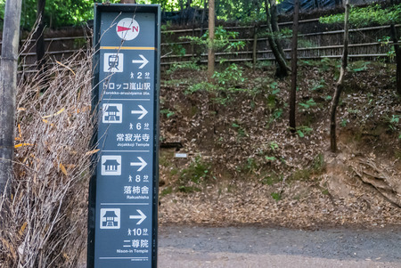 Kyoto, Japan - May 7, 2016: Local sightseeing sign at Bamboo forest of Arashiyama, Kyoto, Japan. Arashiyama is a district on the western outskirts of Kyotoのeditorial素材