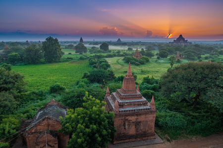 Ancient Land of Bagan view from the top of Shwesandaw Pagoda in morning located in Bagan, Myanmarの写真素材