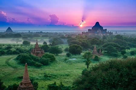 Ancient Land of Bagan view from the top of Shwesandaw Pagoda in morning located in Bagan, Myanmarの写真素材