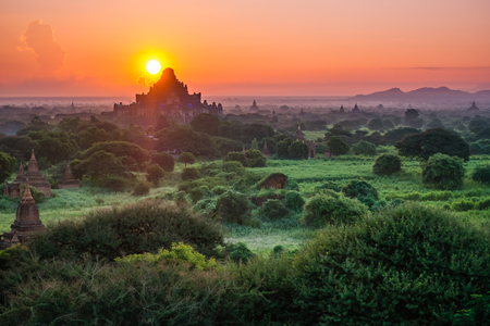 Ancient Land of Bagan view from the top of Shwesandaw Pagoda in morning located in Bagan, Myanmarのeditorial素材