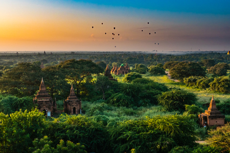 Ancient Land of Bagan view from the top of Shwesandaw Pagoda in morning located in Bagan, Myanmarの写真素材