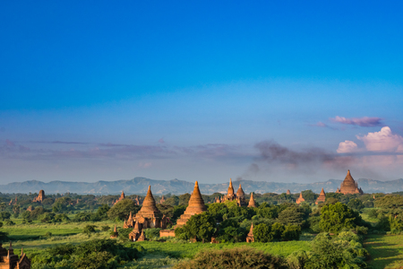 Ancient Land of Bagan view from the top of Shwesandaw Pagoda in morning located in Bagan, Myanmarの写真素材