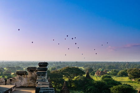 Ancient Land of Bagan view from the top of Shwesandaw Pagoda in morning located in Bagan, Myanmarの写真素材