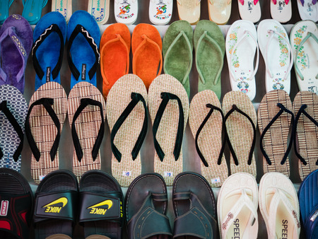 Bagan , Myanmar - October 21, 2016: Flipflops selling in Mani Sithu Market in Nyaung-U village, Bagan, Myanmar (Burma)のeditorial素材