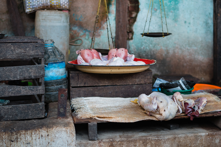 Fresh chicken for sell at Mani Sithu Market in Nyaung-U village, Bagan, Myanmar (Burma)の写真素材