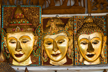 Buddha face souvenir selling at Mani Sithu Market in Nyaung-U village, Bagan, Myanmar (Burma)の写真素材
