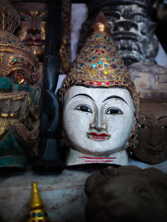 Wooden souvenir selling at Mani Sithu Market in Nyaung-U village, Bagan, Myanmar (Burma)の写真素材