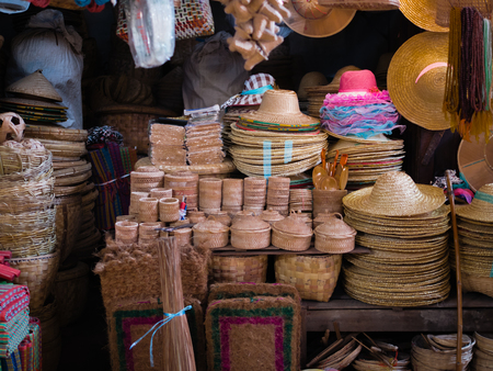 Many products of Bamboo weave selling at Mani Sithu Market in Nyaung-U village, Bagan, Myanmar (Burma)の写真素材