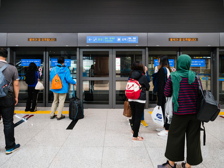 Seoul, South Korea - October 16, 2017: Subway at Incheon International Airport, this is the largest airport in South Korea, the primary airport serving the Seoul Capital Area, and one of the largest and busiest airports in the world, since 2005.のeditorial素材