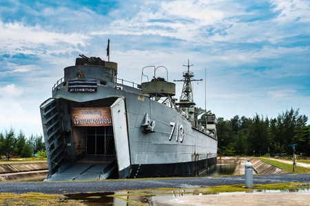 Koh Phangan, Thailand - May 5, 2017: The Phangan Royal Navy Ship (HTMS Phangan) was given to the Thai Government in 1957 by the United States under the Military Assistance Program, then stay at a dry dock in Thong Sala , Koh Phangan, Thailand sinc 2011.のeditorial素材