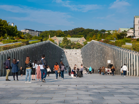 Seoul, South Korea - October 16, 2017: Tourist visiting Ehwa womans university. This is the first women university in South Korea.のeditorial素材