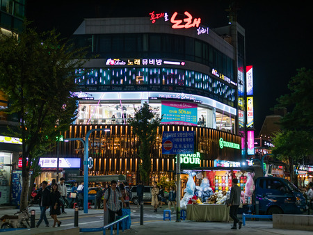 Seoul, South Korea - October 16, 2017: City scape of Hongdae at night, The Hongdae is a region in...