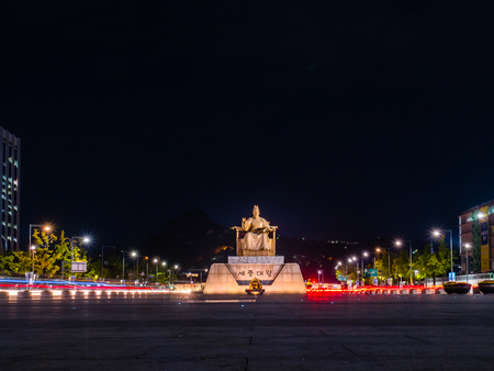 Seoul, South Korea - October 16, 2017: Statue of the Sejong the Great at Gwanghwamun square in Seoul, South Korea. He was the fourth king of Joseon-dynasty Korea.のeditorial素材