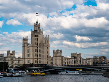 Moscow, Russia - June 13, 2018: Kotelnicheskaya Embankment Building is one of seven Stalinist skyscrapers designed by Dmitry Chechulin and Andrei Rostkovsky. The main tower has 32 levels and is 176 metres tall.のeditorial素材