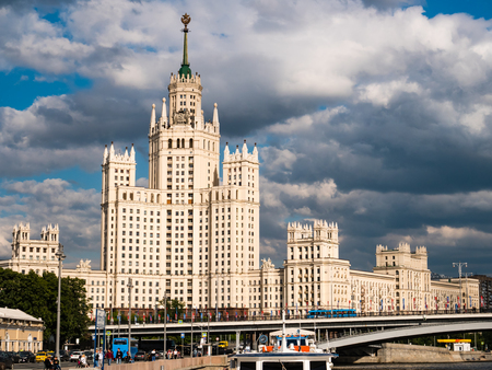 Moscow, Russia - June 13, 2018: Kotelnicheskaya Embankment Building is one of seven Stalinist skyscrapers designed by Dmitry Chechulin and Andrei Rostkovsky. The main tower has 32 levels and is 176 metres tall.のeditorial素材