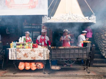 Moscow, Russia - June 10, 2018: Shashlik BBQ Russian food at Izmailovsky Kremlin in Moscow, Russiaのeditorial素材