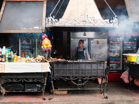 Moscow, Russia - June 10, 2018: Shashlik BBQ Russian food at Izmailovsky Kremlin in Moscow, Russiaのeditorial素材