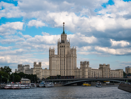 Moscow, Russia - June 13, 2018: Kotelnicheskaya Embankment Building is one of seven Stalinist skyscrapers designed by Dmitry Chechulin and Andrei Rostkovsky. The main tower has 32 levels and is 176 metres tall.のeditorial素材